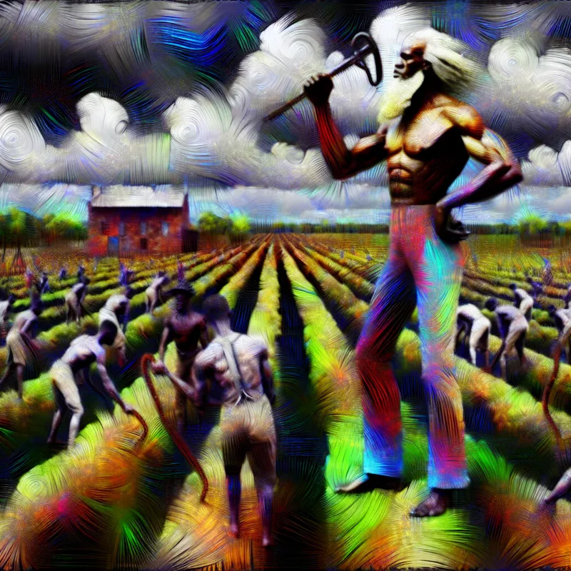 Abstract expressionistische voorstelling van een 19e-eeuwse plantage met een dominante meester en onderdanige slaven op de achtergrond, symbool voor historische machtsverhoudingen