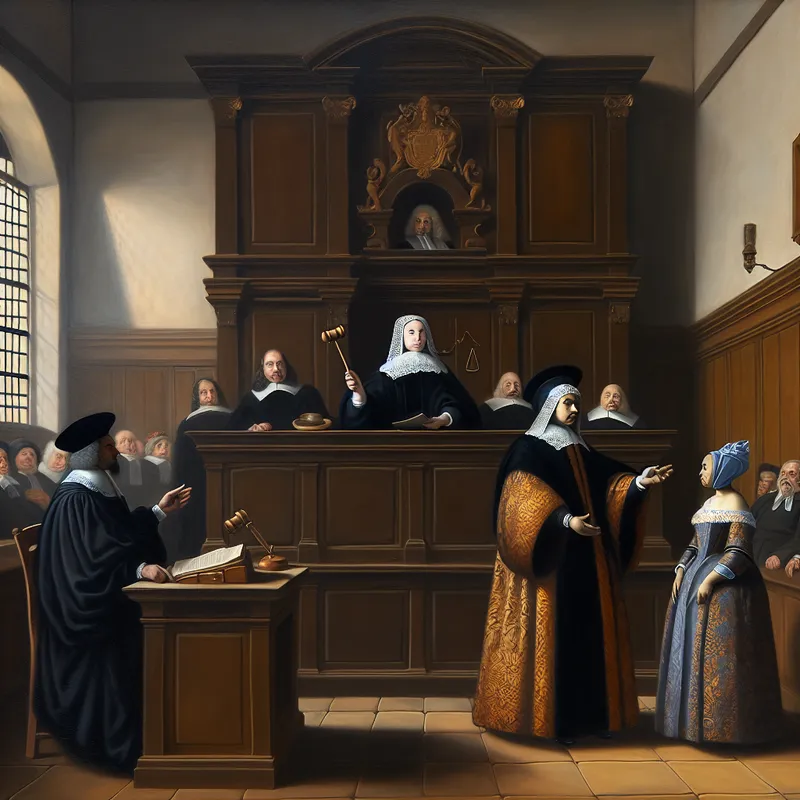 17e-eeuwse Nederlandse rechtszaal met rechter, advocaten en toeschouwers tijdens een rechtszaak in de stijl van Vermeer