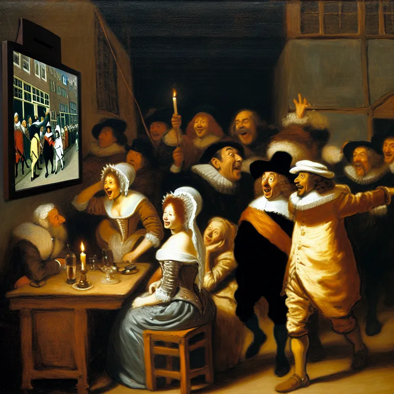 17e-eeuwse Nederlandse taverne met een groep mensen die geboeid kijken naar een magisch televisiescherm dat een levendige marktscène toont, geïnspireerd op de schilderstijl van Frans Hals