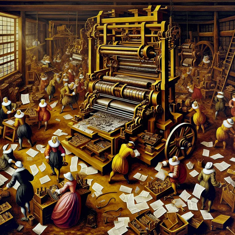 17e-eeuwse Nederlandse genrescène van een chaotische drukkerij-reparatiewerkplaats met een kapotte printerwagen als centraal probleem