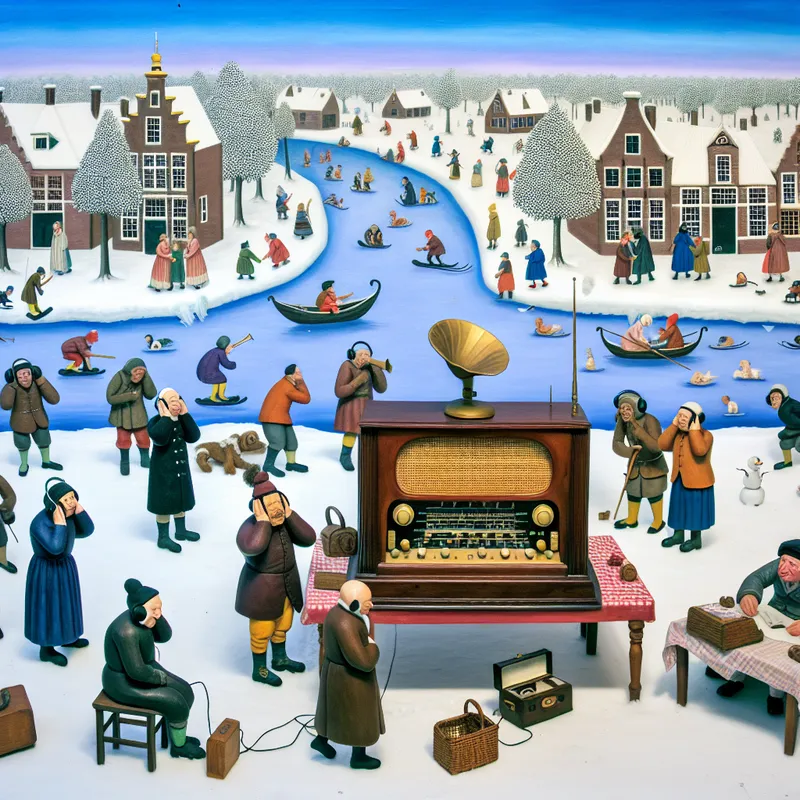 17e-eeuws Nederlands wintertafereel met dorpsbewoners die buiten naar een historische radio luisteren, omringd door sneeuw en schaatsers op een bevroren kanaal
