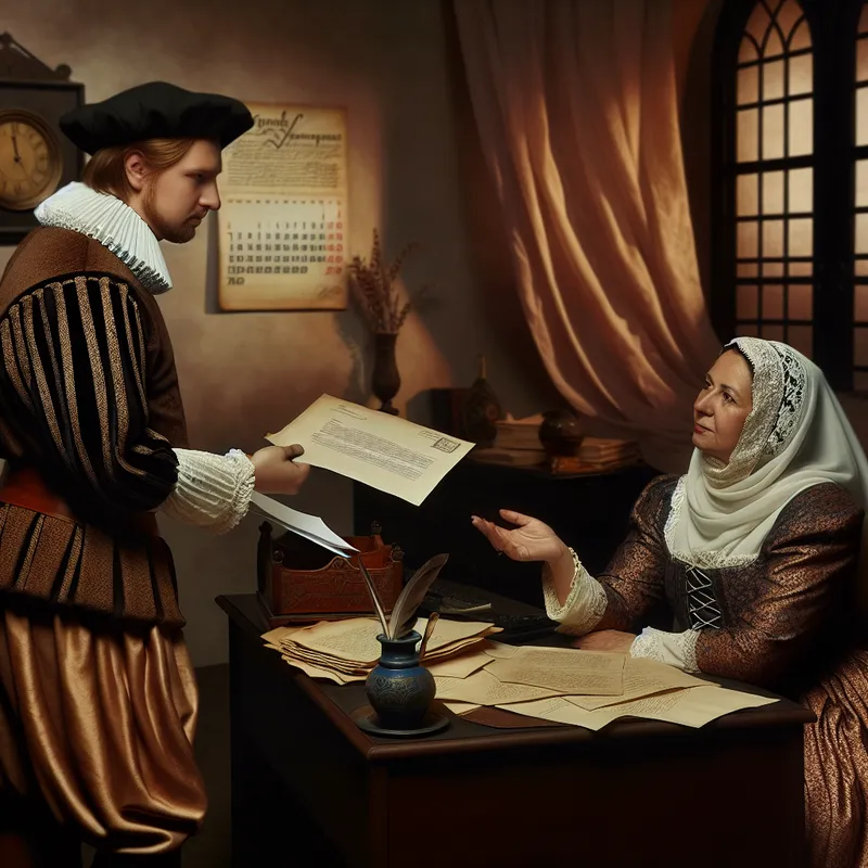 Een man in historische kleding overhandigt een brief aan een vrouw met een autoritaire uitstraling, zittend aan een bureau vol papieren in een oude kantooromgeving.