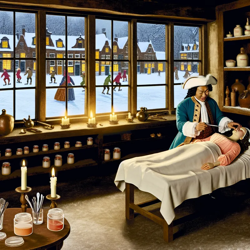 17e-eeuwse Nederlandse schoonheidsspecialist voert gezichtsbehandeling uit in sfeervolle winterse setting met historische details