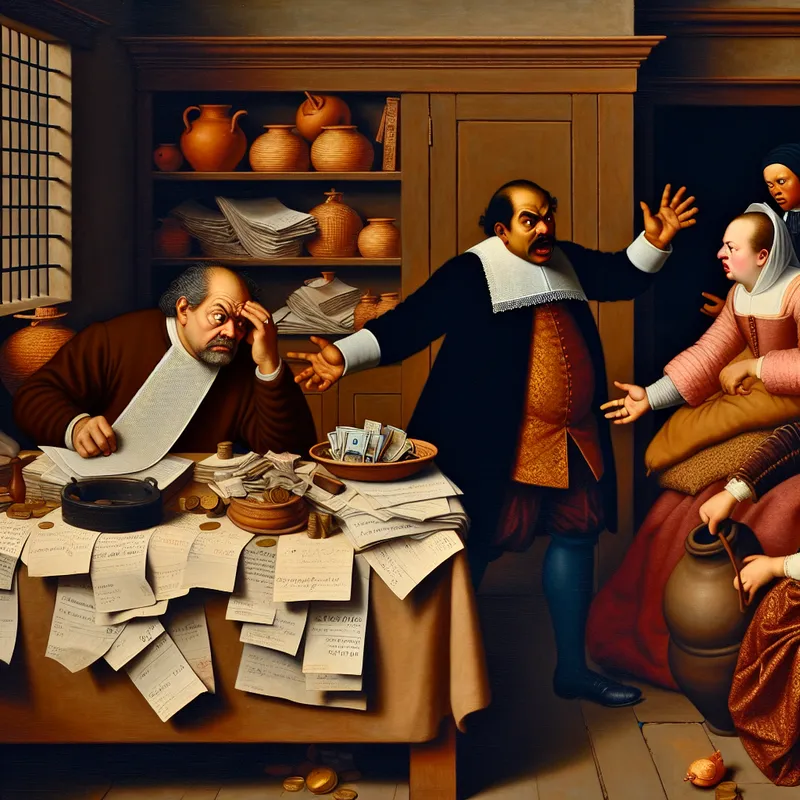 17e-eeuwse Nederlandse genrescène van Jan Steen met een gestreste man omringd door onbetaalde rekeningen en een strenge schuldeiser die een leeg geldzakje toont