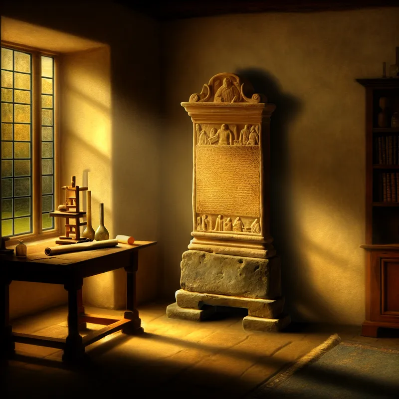 Een oude stenen stele met inscripties in een rustige studeerkamer