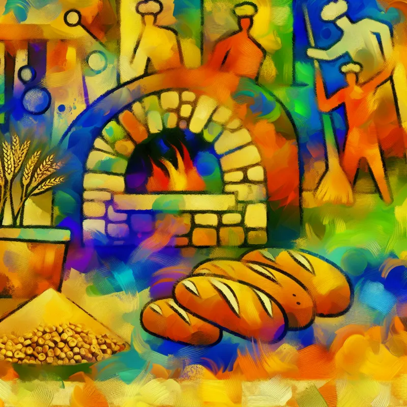 Abstract beeld van een traditionele stenen oven omringd door grote kleurrijke ingrediënten zoals broden, granen en halmen.