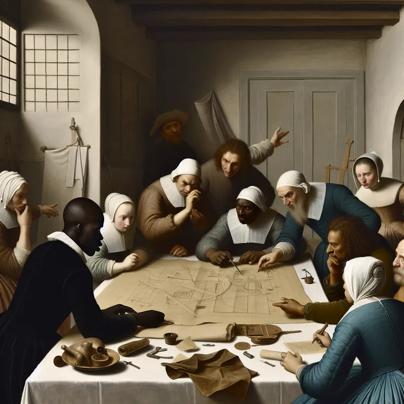 17e-eeuwse Nederlandse interieurscène met een groep mensen rond een tafel, waar een leraar of projectleider een strategie uitlegt aan de hand van perkamenten, kaarten en diagrammen