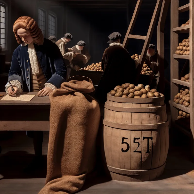17e-eeuws Nederlands handelsmagazijn met koopman die gewichten noteert in grootboek naast houten vat met aardappelen, 5 ton (1000 kg) weergevend