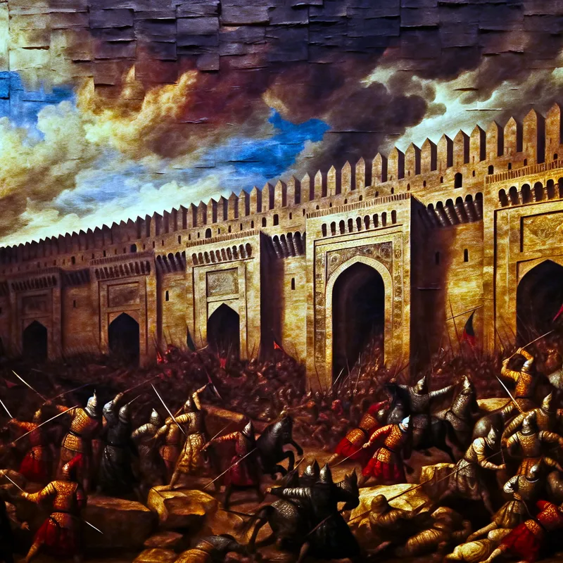 Barokke voorstelling van een historische vestingstad onder belegering met imposante verdedigingsmuren, soldaten en stormachtige lucht