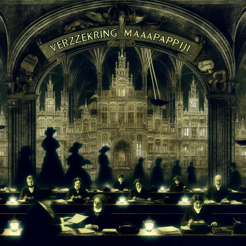 Gothische illustratie van een 19e-eeuwse verzekeringsmaatschappij in Amsterdam met schimmige klerken, symbolische motieven en een mysterieuze sfeer