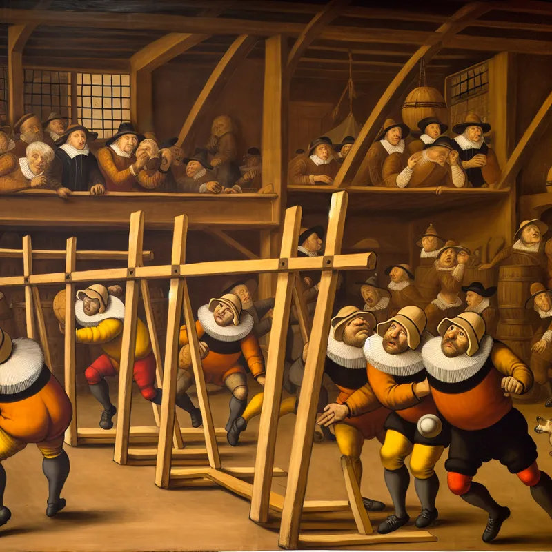 Historische 17e-eeuwse taverne-scène met voetballers die fanatiek hun doel verdedigen tegen aanvallers, in de stijl van Jan Steen