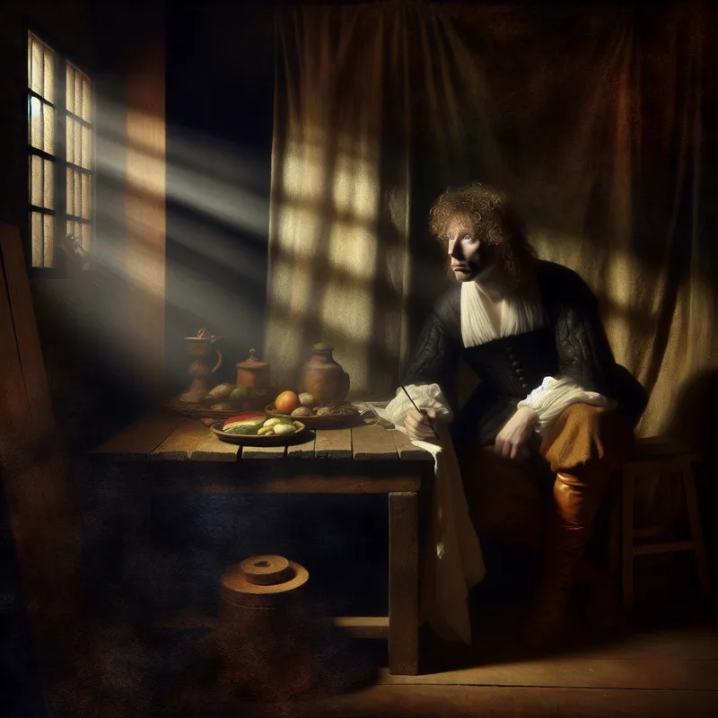 Een figuur gekleed in historische kleding zit aan een houten tafel, kijkt nieuwsgierig naar een bord met kleurrijke voedingsmiddelen in een sfeervol verlichte kamer.