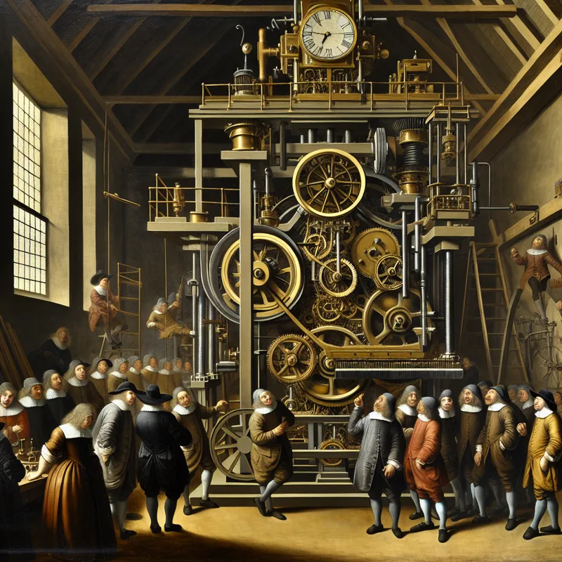 Werkplaats met een complexe, perfect functionerende machine en nieuwsgierig personeel in Rembrandt-stijl