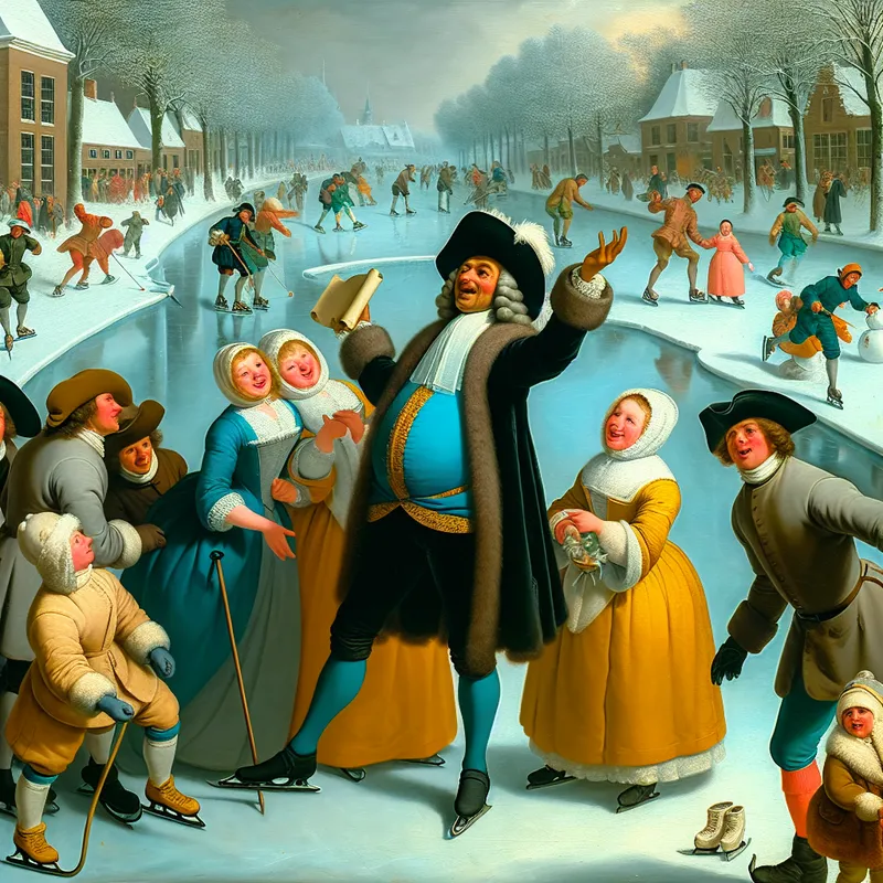 Een groep mensen in historische kleding omringt een figuur die op een verhoogd platform staat en met een perkament aan de menigte vraagt om hulp in een levendig winterlandschap.