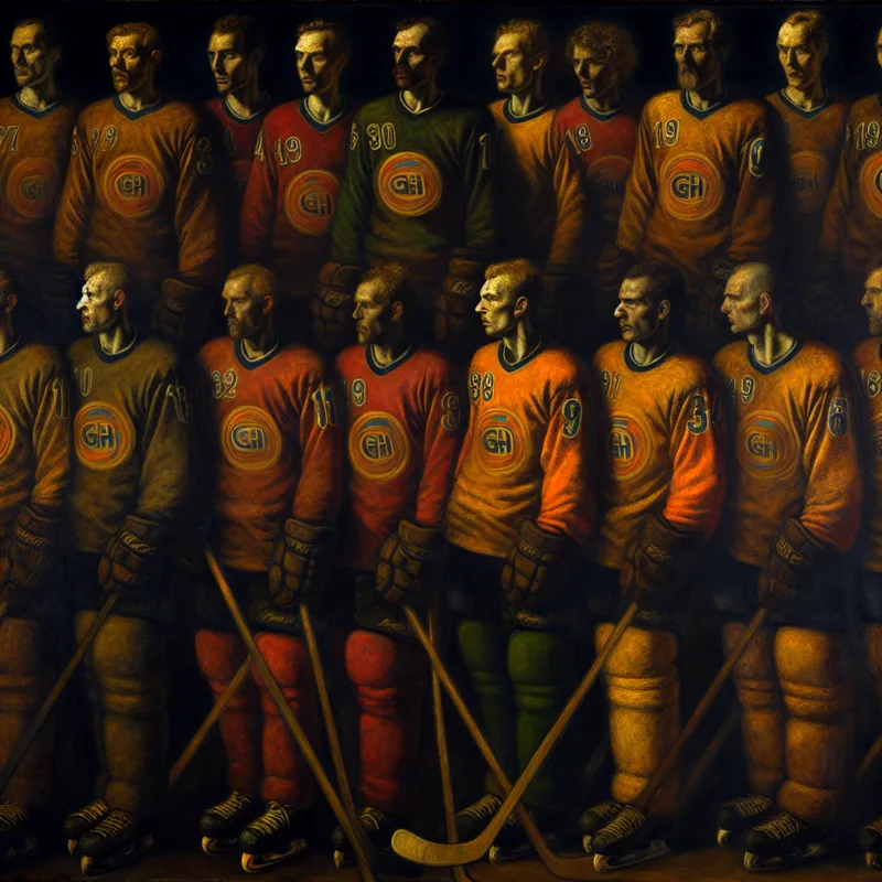Dramatische schildering in Rembrandt-stijl van een hockeyteam in clubkleuren met sportshirts, nummers en logo's, verlicht door sterk chiaroscuro