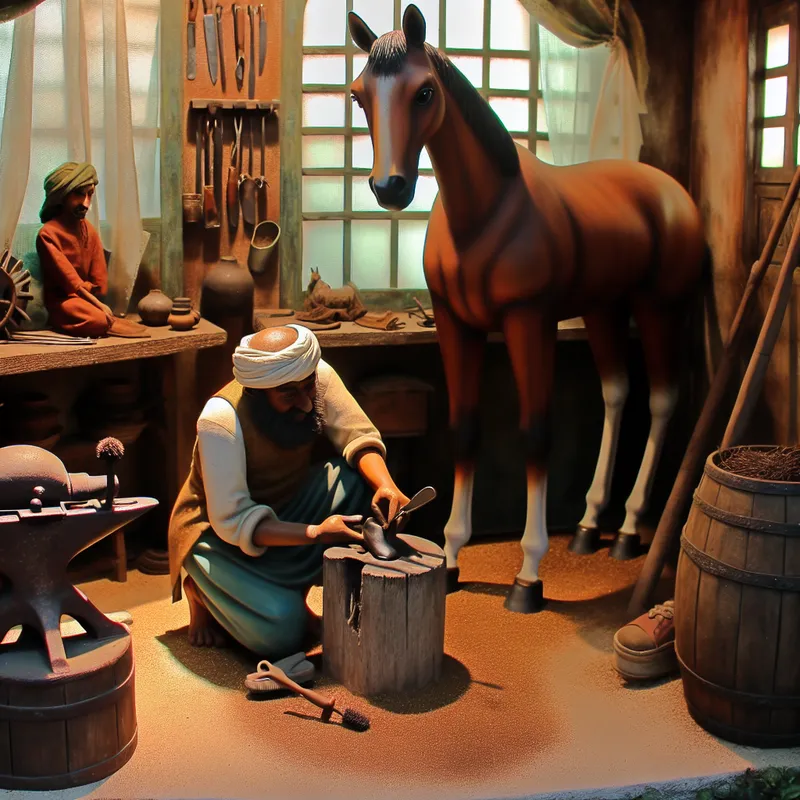 Zorgzame smid behandelt zorgvuldig de hoef van een bruin paard in een rustieke werkplaats, met een warme gloed van zonlicht en vintage gereedschap op de achtergrond.