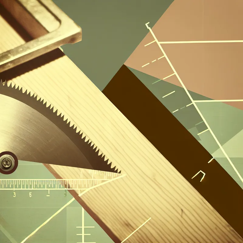 Retro-futuristische illustratie van een houten plank die diagonaal wordt doorgezaagd onder een scherpe hoek, met een geodriehoek die de hoek in graden meet