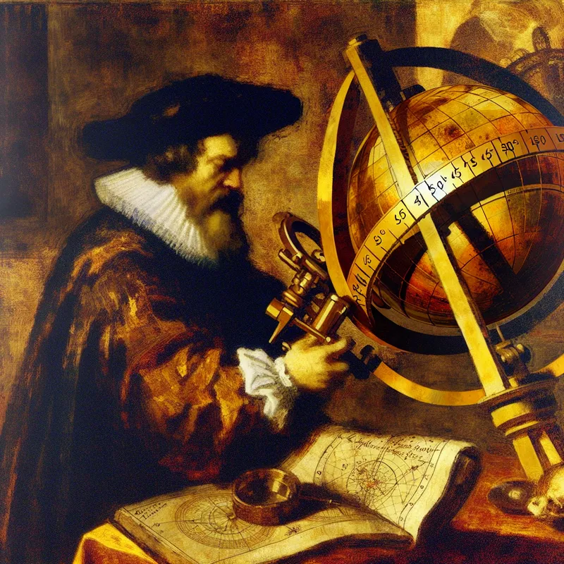 17e-eeuwse astronoom bestudeert een gedetailleerde hemelglobe met hoekmeting van 45° 30’ 15" in barokke schilderstijl
