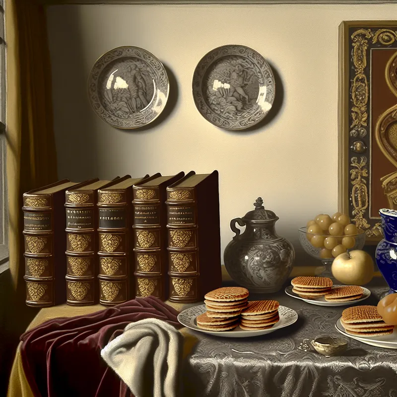 17e-eeuws Hollands interieur met vijf antieke boeken en een paar stroopwafels op een tafel, ter illustratie van het begrip hoeveelheid in het Nederlands