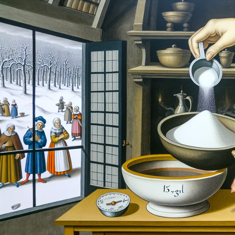 Gedetailleerde winterse keukenscène in de stijl van Hendrick Avercamp met een houten tafel waarop een kom beslag staat en een maatbeker suiker wordt toegevoegd, ter illustratie van het begrip 'hoeveelheid'