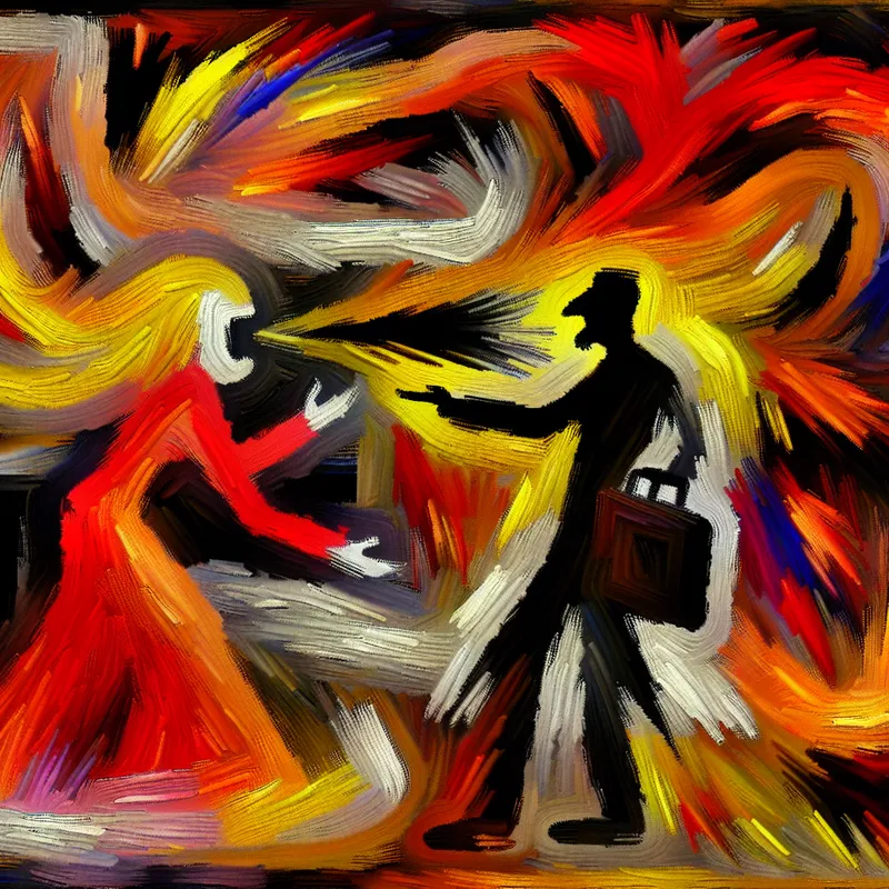 Abstract expressionistisch schilderij van twee figuren in een verhitte discussie met de uitroep 'Hoezo te duur?', emoties van frustratie en ongeloof