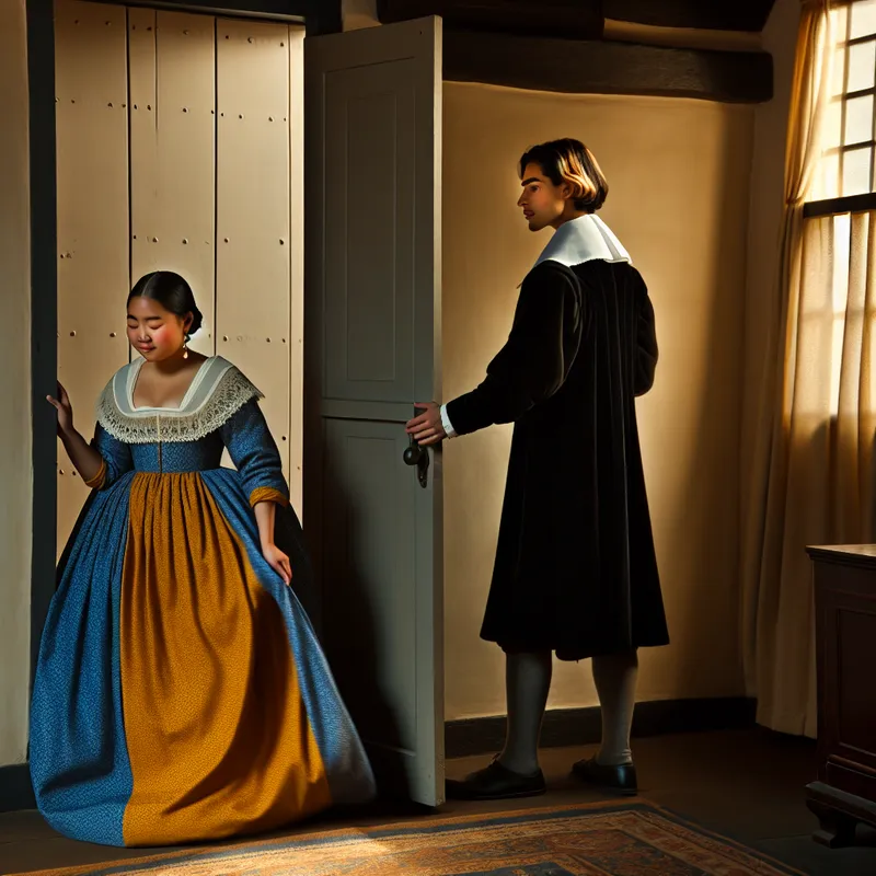 17e-eeuwse Nederlandse scène van een hoffelijk gebaar: een heer houdt de deur open voor een dame in een blauw-gele jurk