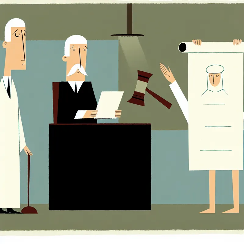 Minimalistische illustratie van een rechtszaal met een verdachte die in beroep gaat bij een hogere rechter, in de stijl van Dick Bruna