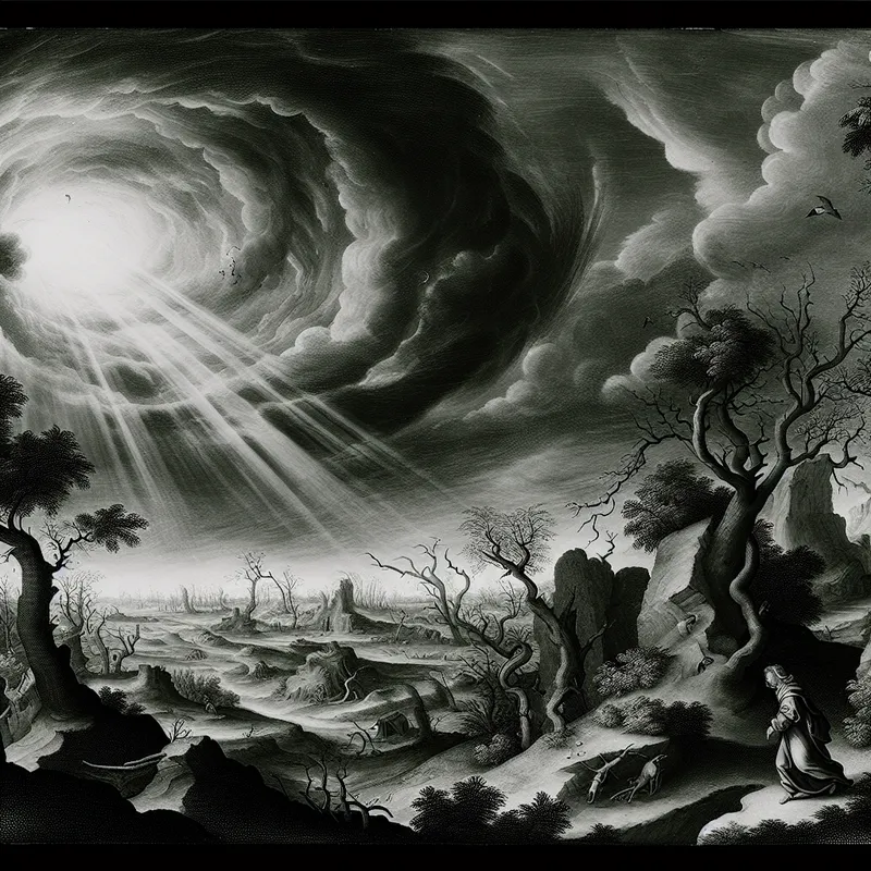 17e-eeuws Hollands landschap met een eenzame figuur die zich zorgen maakt, geschilderd in de stijl van Jacob van Ruisdael