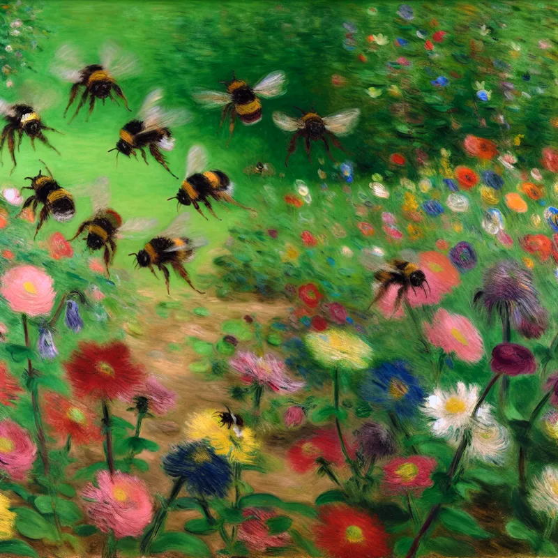 Een levendig tafereel van een tuin met hommels die rond kleurrijke bloemen zoemen, met een focus op bewegende bijen in vlucht.