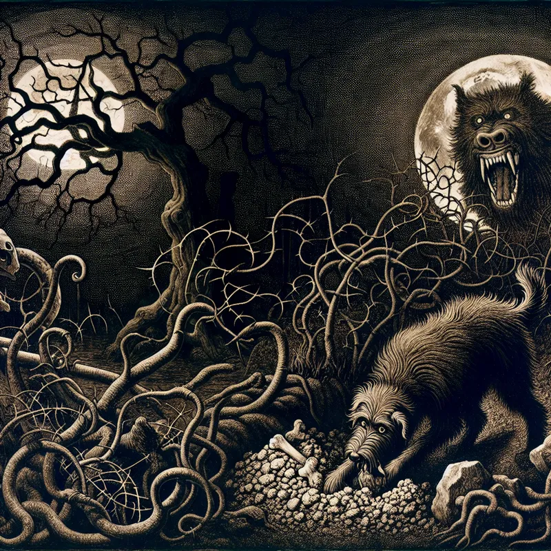 Grote harige hond die 's nachts in een maanverlichte tuin een bot begraaft, gothische stijl met symbolische details