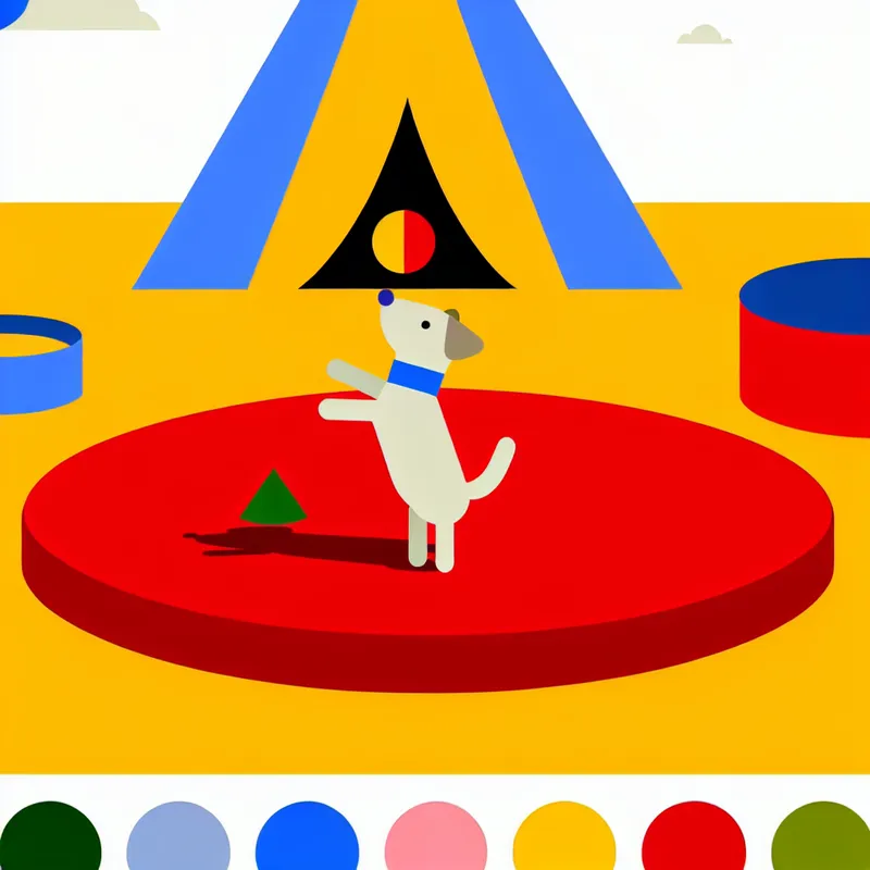 Minimalistische illustratie van een vrolijke hond die een koekje op zijn neus balanceert op een rood circusplatform, in de stijl van Dick Bruna