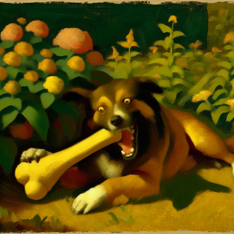 Een hond in een groene tuin die enthousiast op een groot bot knabbelt, met zonlicht dat door de bomen valt.