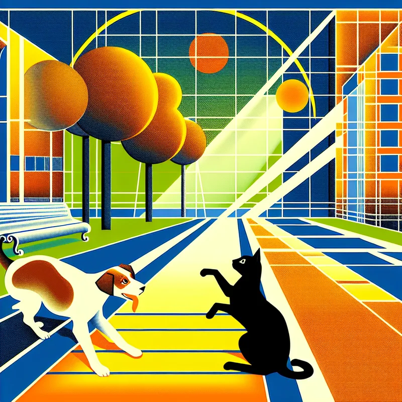 Een speelse hond ontmoet een rustige kat op een levendige straat met geometrische vormen, in een retro-futuristische stijl.