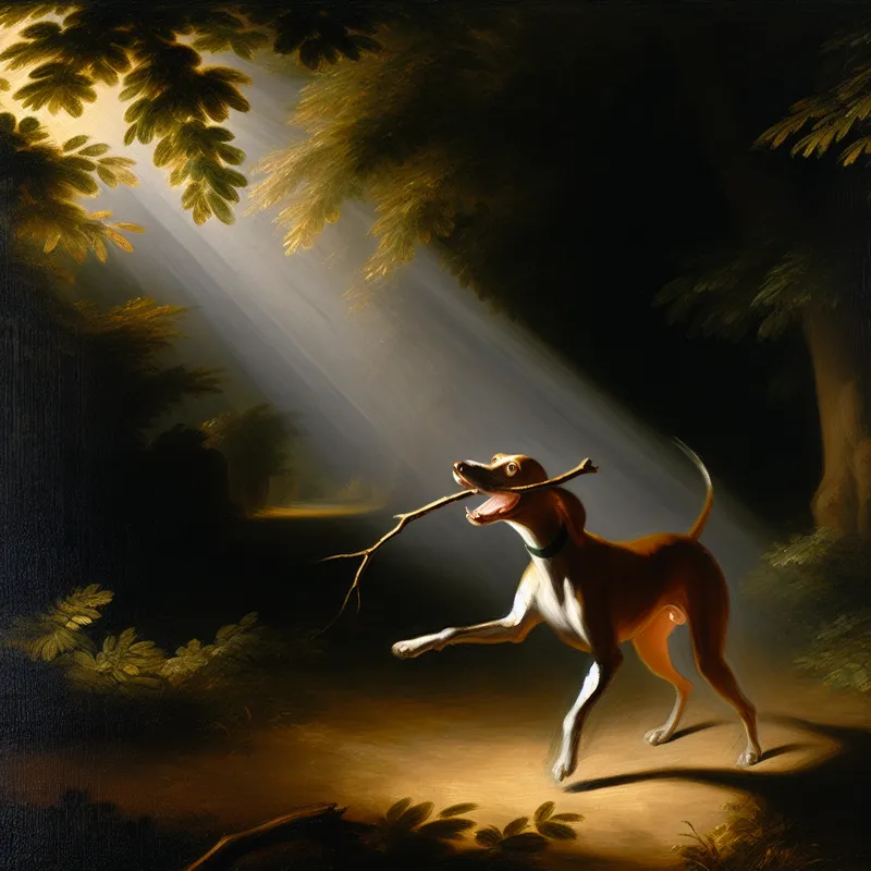 Een vrolijke hond die speelt met een onbepaald object in een park, met schaduwrijke bomen op de achtergrond.