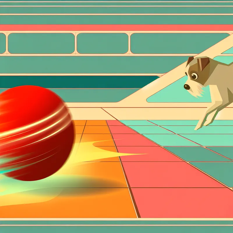 Energetische hond speelt met een felrode rubberen bal die door de lucht stuitert in een retro-futuristische illustratie