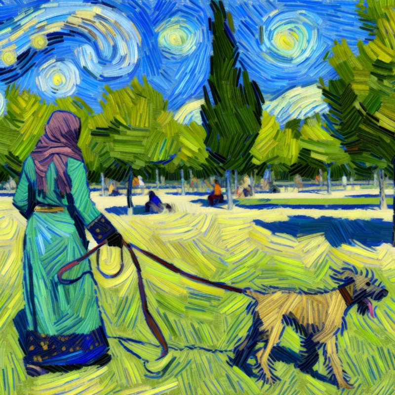 Vrouw loopt met een energieke puppy aan een strakke riem in een levendig Van Gogh-achtig park