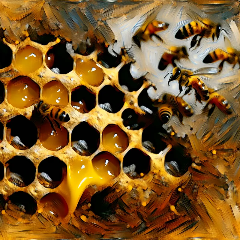 Abstract expressionistische illustratie van een honingraat met gouden honing en bijen in vlucht, ter illustratie van de betekenis van 'cel' als afgesloten ruimte