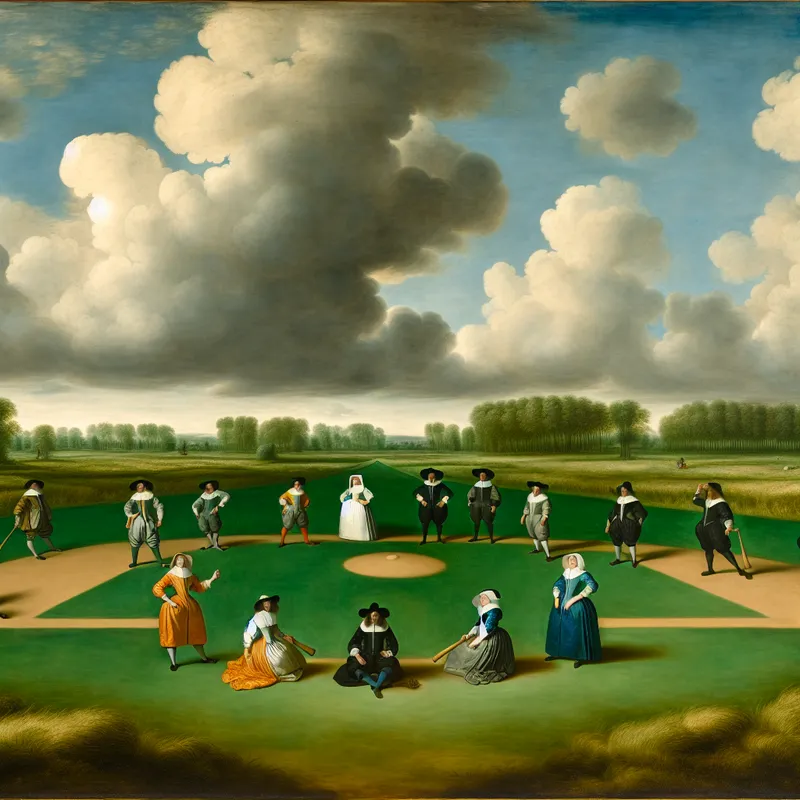 17e-eeuws Nederlands landschapsschilderij van een honkbalveld met negen spelers in vintage uniformen, teamwork benadrukkend in de stijl van Jacob van Ruisdael