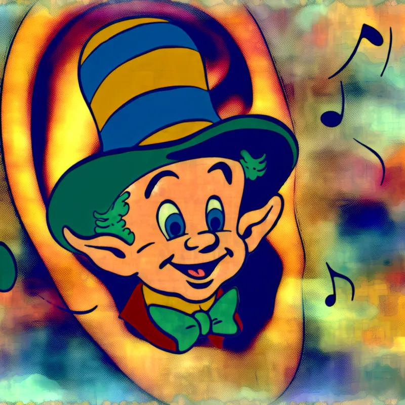 Cartoonachtige afbeelding van een personage met een groot, gestileerd oor aan de zijkant van hun hoofd, met muzikale noten op de achtergrond.