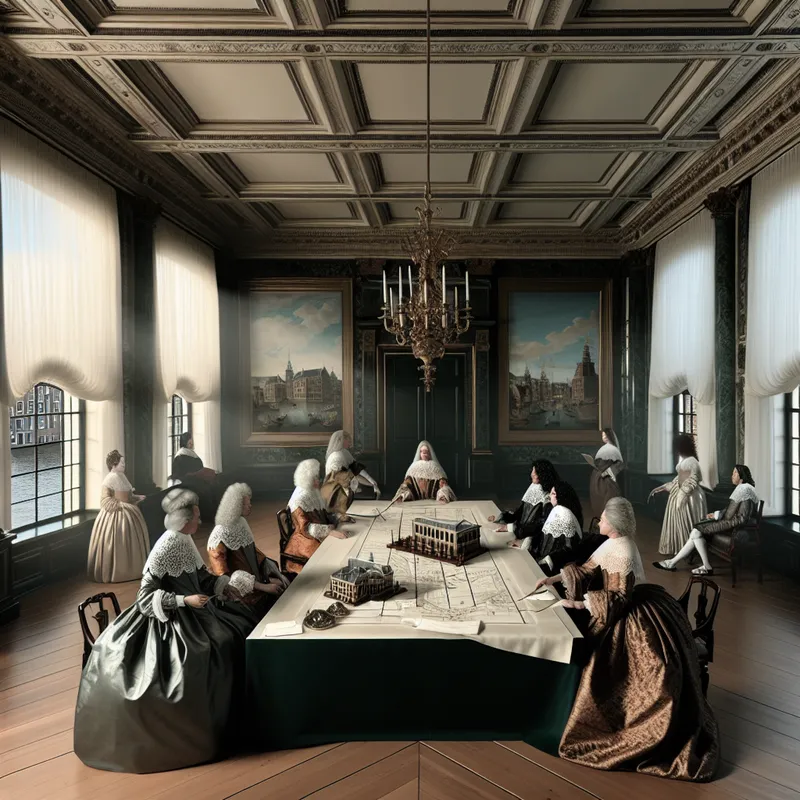 17e-eeuws Nederlands interieur met zakelijke bijeenkomst van executives in een historisch hoofdkantoor aan een Amsterdamse gracht