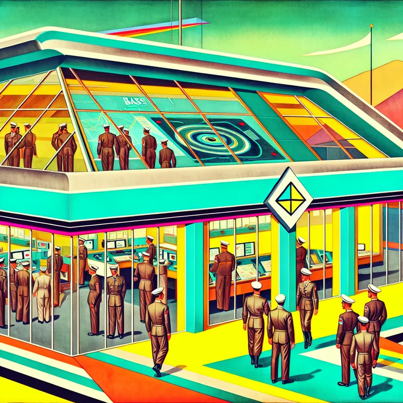 Retro-futuristisch hoofdkwartier met militairen in uniform die een commandocentrum betreden, symboliserend de basis van militaire operaties