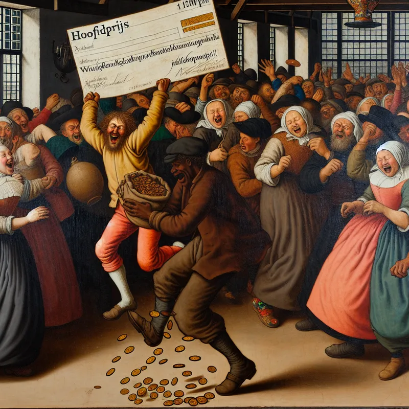 Vrolijke persoon springt met een grote loterijcheque met 'HOOFDPRIJS' in een drukke Nederlandse herberg, omringd door juichende mensen en vallende munten