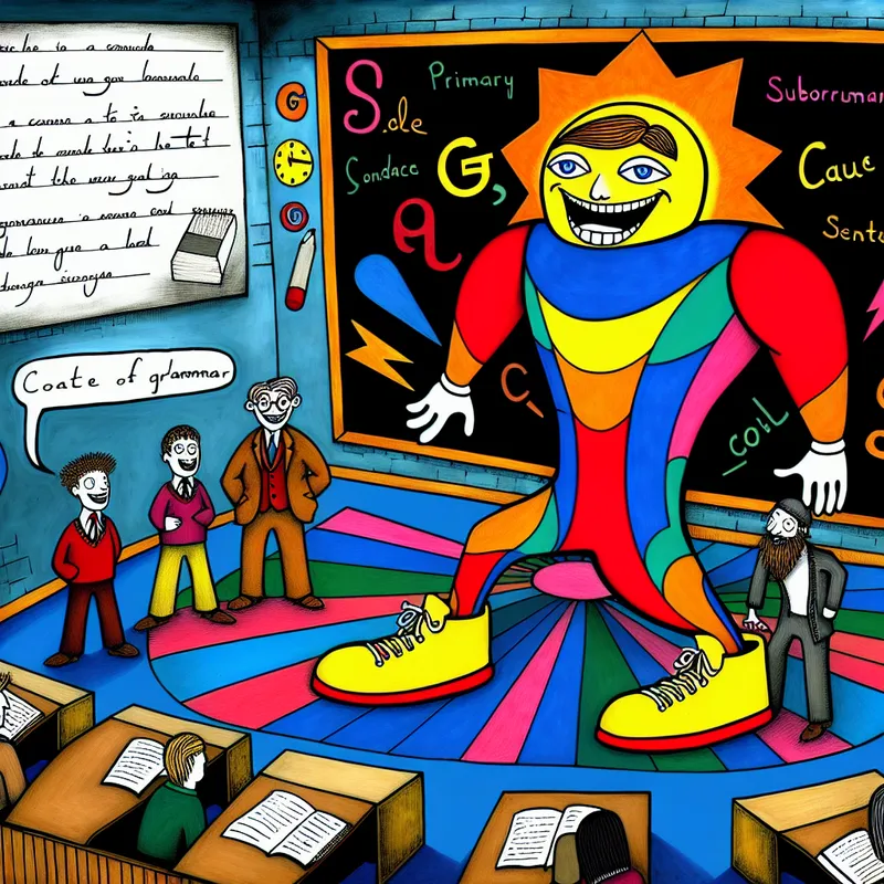 Cartoon van een vrolijke hoofdzin op een podium in een klaslokaal, omringd door interpunctie en bijzin karakters, met een krijtbord op de achtergrond vol grammaticale symbolen.