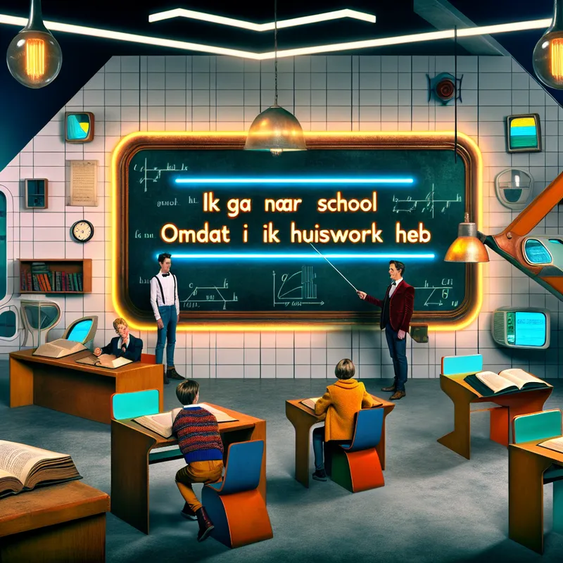 Illustratie van een hoofdzin met het voorbeeld 'Ik ga naar school' op een vintage schoolbord in een retro-futuristisch klaslokaal.