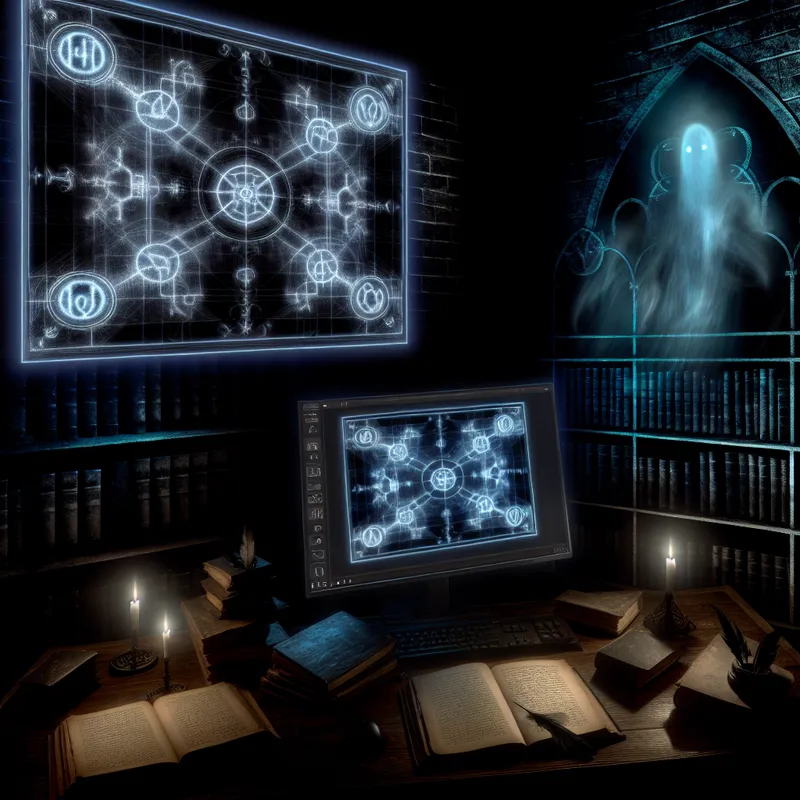 High-tech werkplek met verlichte computers, digitale documenten en schaduwachtige figuren