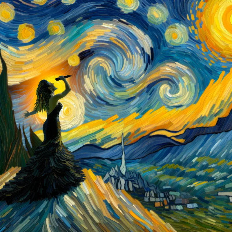 Triumfantelijke zangeres op een bergtop bij zonsondergang in Van Gogh-stijl, symboliserend het hoogtepunt van een carrière