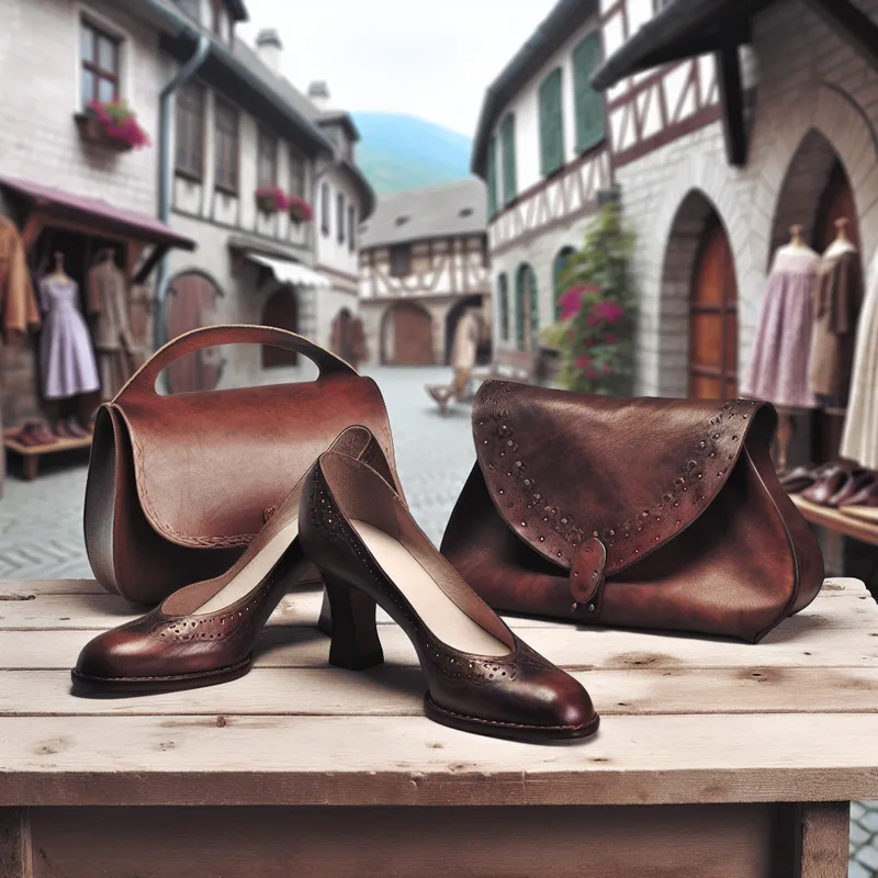Elegante, handgemaakte leren schoenen en een artisane leren tas op een vintage houten tafel, met een nostalgic straat op de achtergrond.