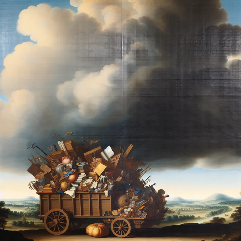 17e-eeuws Hollands landschap met overvolle houten kar vol boeken, gereedschappen en voorwerpen, symbool voor een hoop dingen of taken