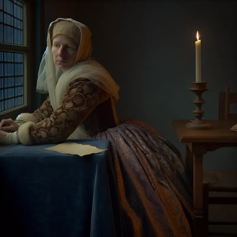 17e-eeuws Nederlands interieur met persoon bij schemerlicht, symboliserend hoop en veerkracht tijdens tegenslag