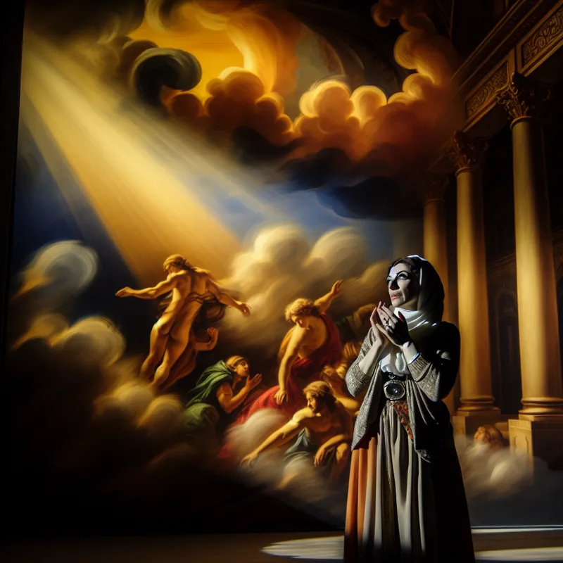 Barokke voorstelling van een vrouw in een zonovergoten zaal, met een blik vol vertrouwen en hoop naar boven kijkend, omringd door dramatisch licht en gouden stralen